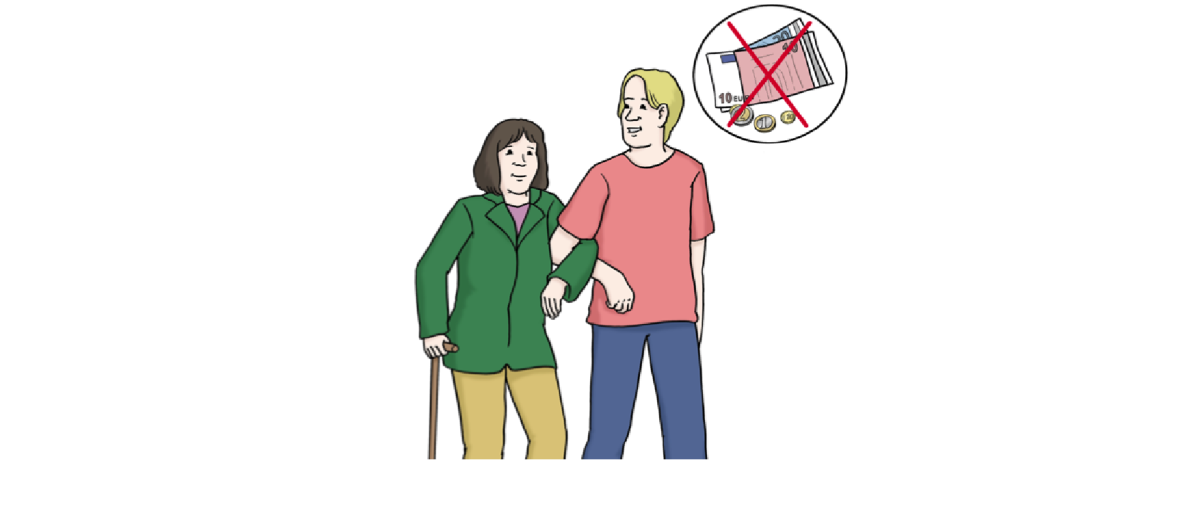 Eine ältere Frau mit Gehstock hakt sich bei einem Mann ein und beide spazieren