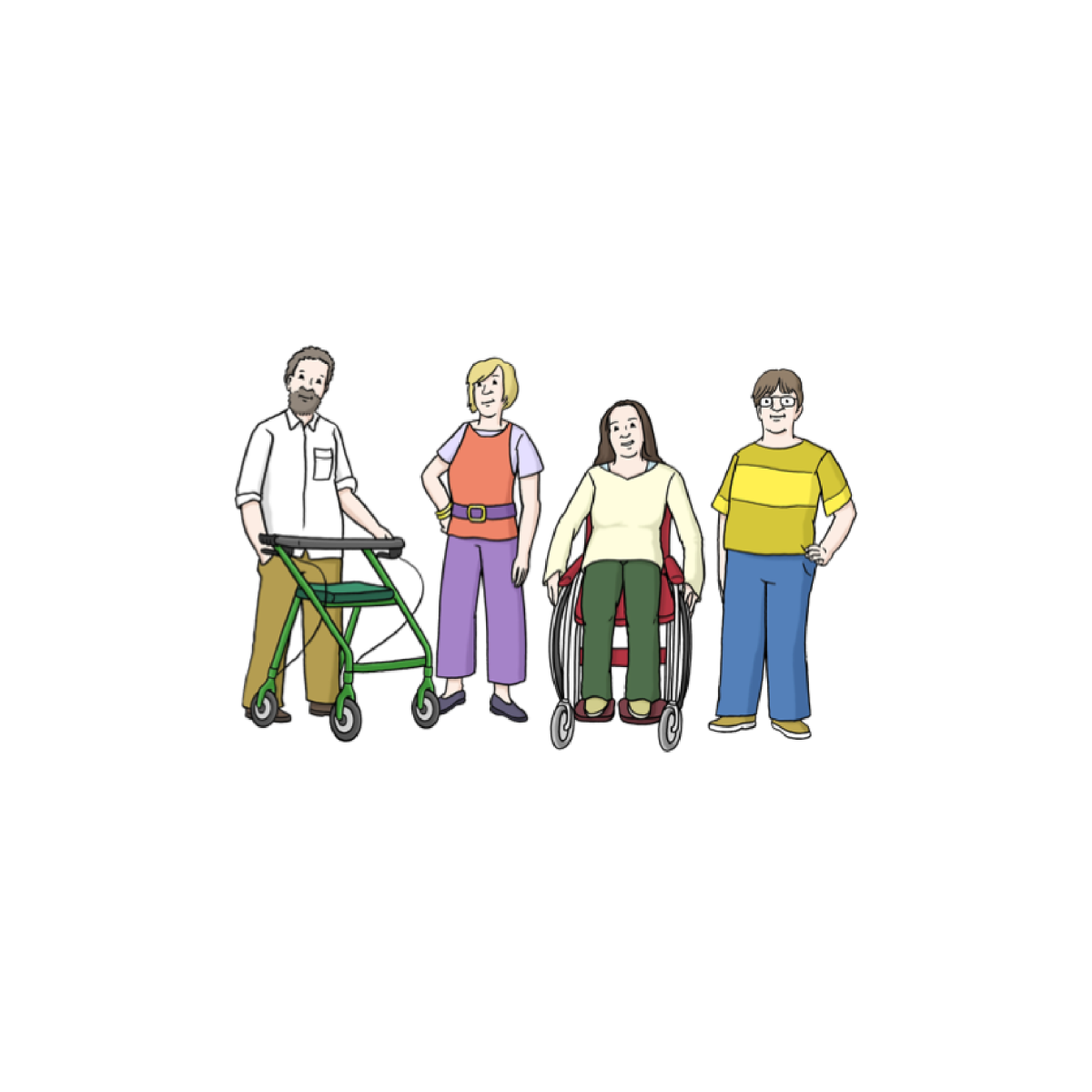 4 Personen stehen nebeneinander: Mann mit Rollator und eine Frau sitzt im Rollstuhl