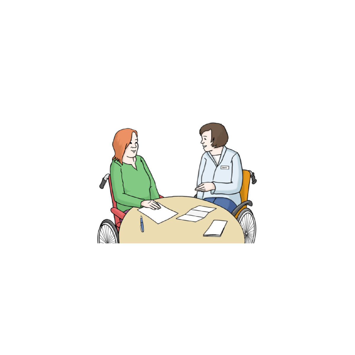 Illustration: 2 Personen im Rollstuhl sitzen am Tisch und unterhalten sich