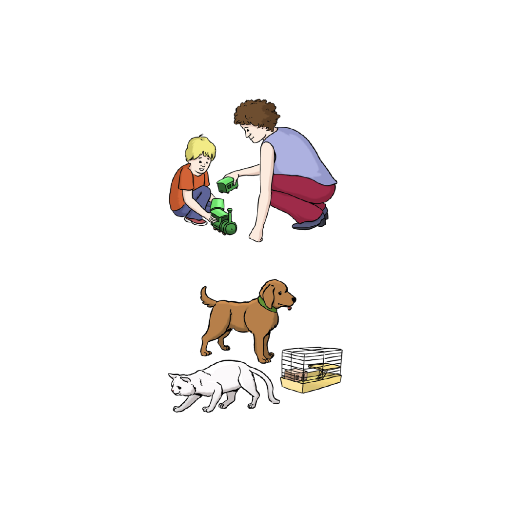 Illustration: eine Frau spielt mit einem Kind und Haustiere sind zu sehen 